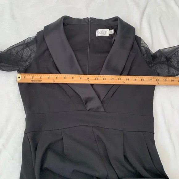 Eliza J Black Tuxedo Jumpsuit Sheer Mesh Long Sleeve Shawl Collar Womens 8 - Picture 9 of 11